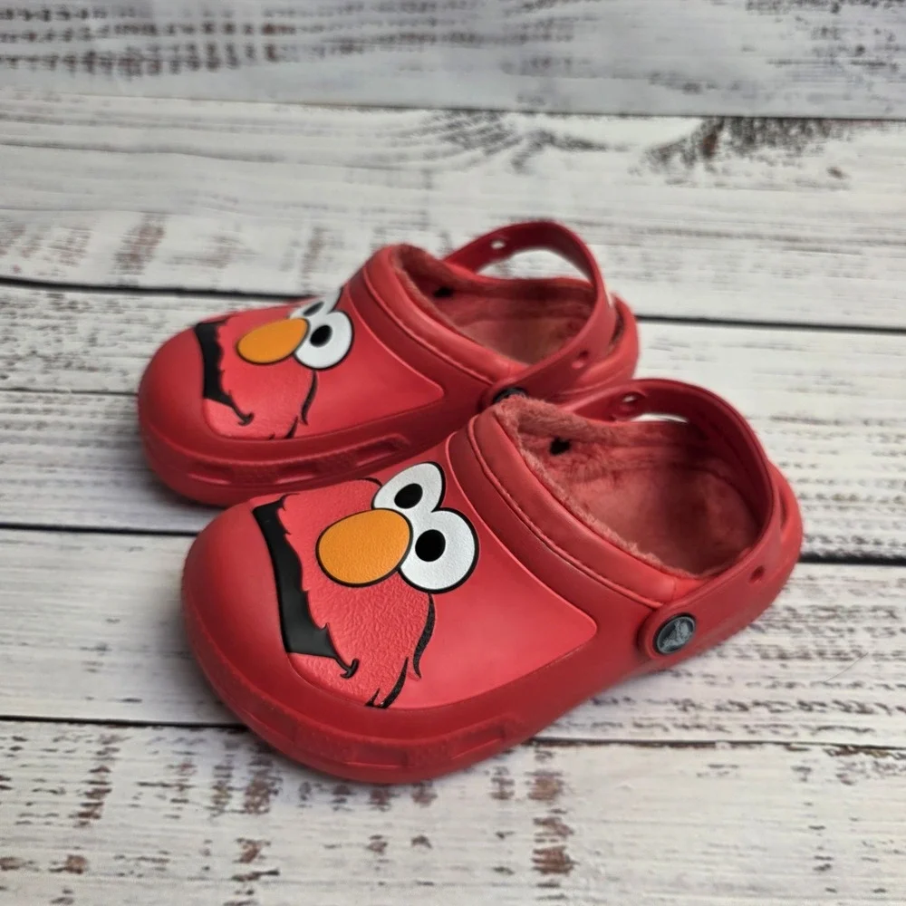 Crocs Juniors Size 1 Red Elmo Face Slip‎ On Plush Lined Clog Shoes Sesame Street